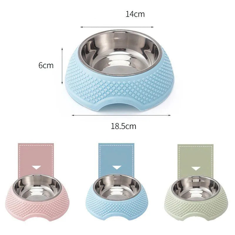 Blue stainless steel pet bowl with non-slip base for cats and small dogs.
