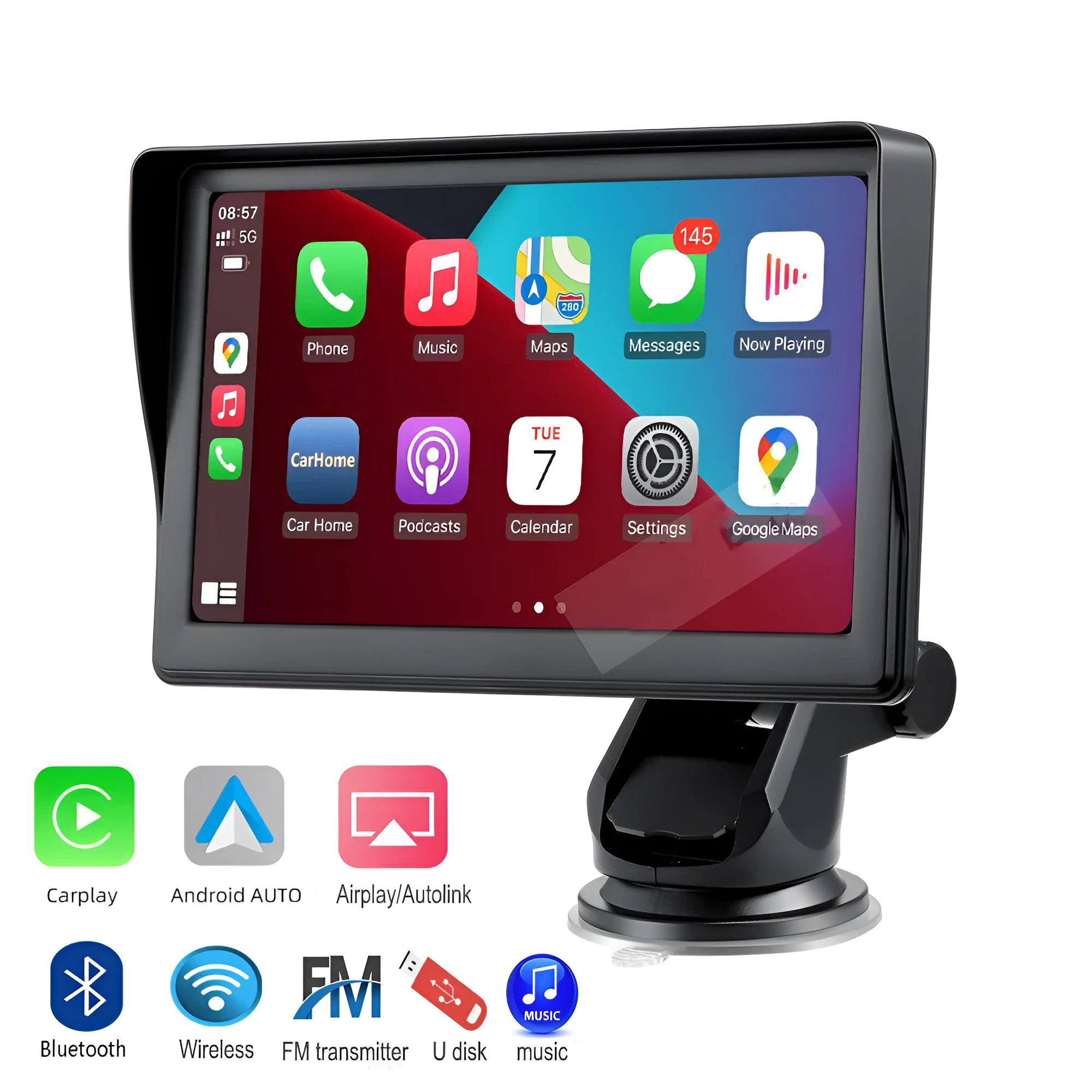 7-inch portable car smart display with retractable bracket showing wireless Carplay interface on screen