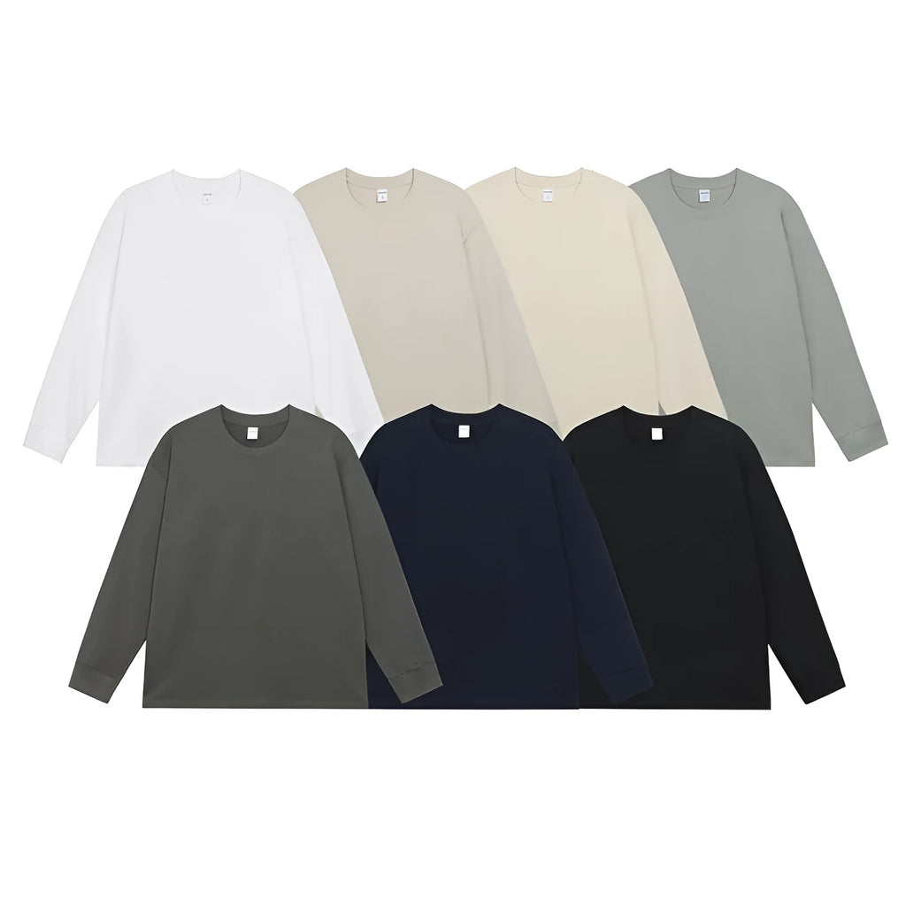 Men's loose fit long sleeve cotton t-shirt in solid colours showing size range