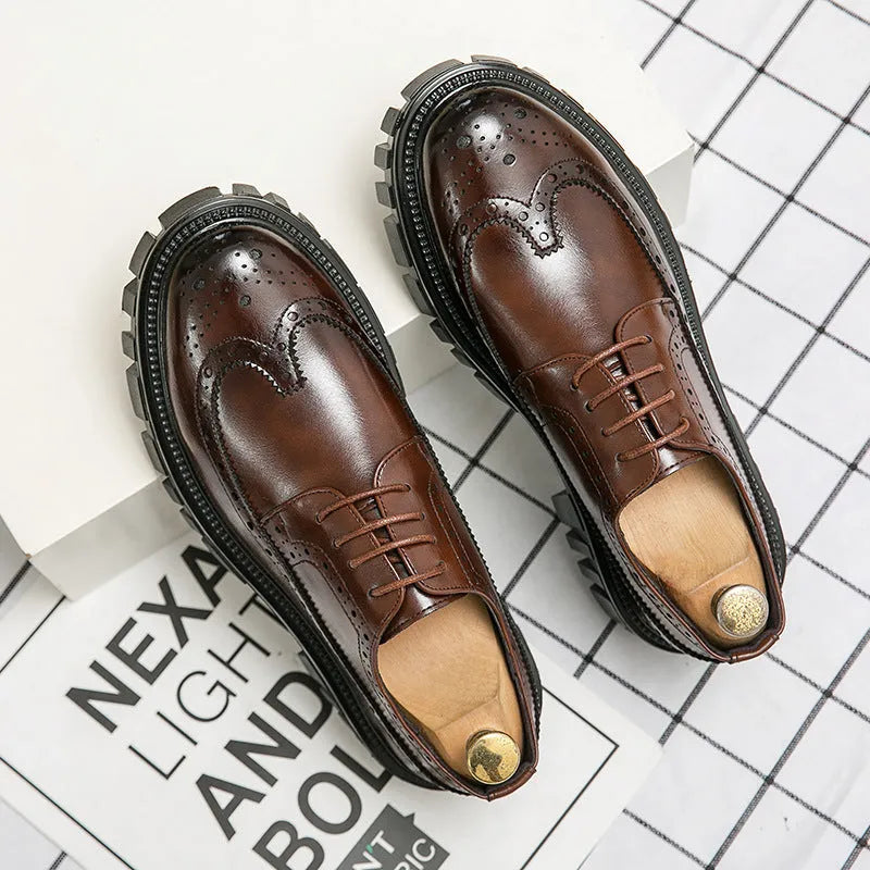 Men's black and brown round toe brogue shoes made from artificial PU leather for business wear.