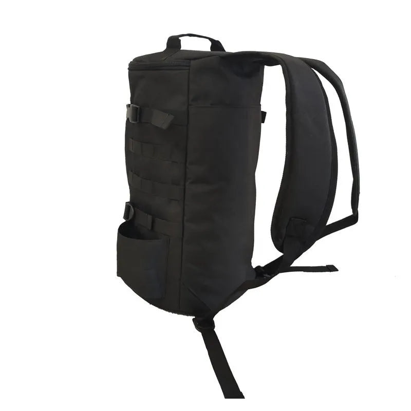 Outdoor cylindrical fishing gear backpack in black, 36-55L capacity, polyester fabric, 45x26x26cm