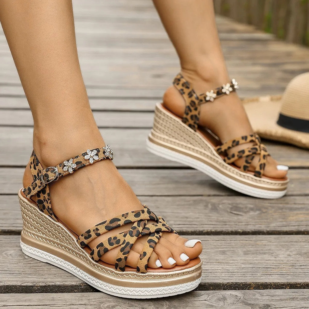 Light brown suede women's ankle strap open toe platform sandals with buckle closure.