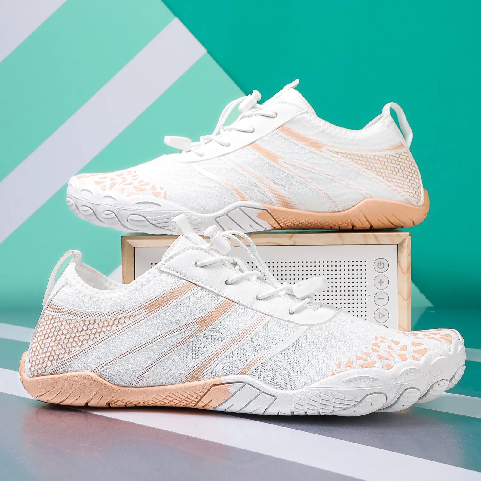 Casual unisex beach running shoes in Lycra stretch fabric, shown in beige, black, dark blue, gray, or white powder.