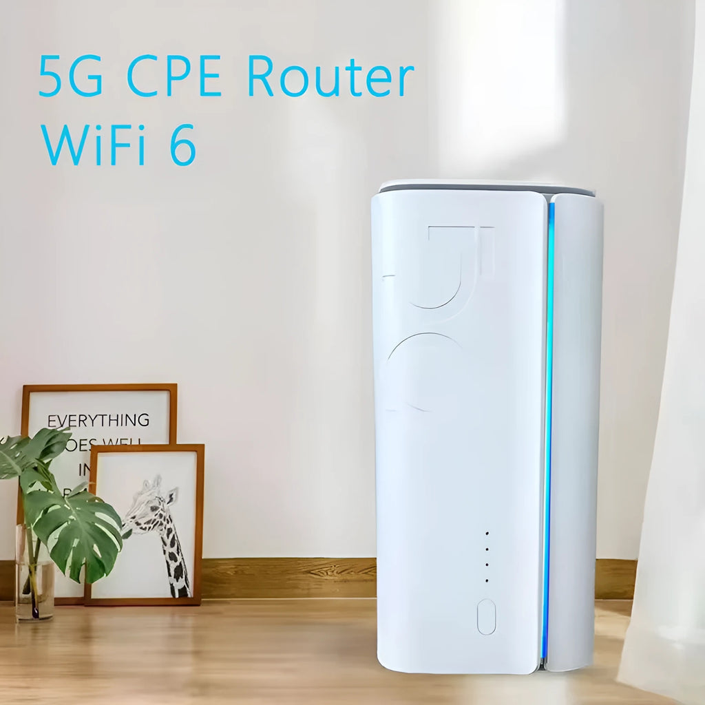 Compact 4G CPE wireless router with data cable and manual, showing small 51x30x5mm size.