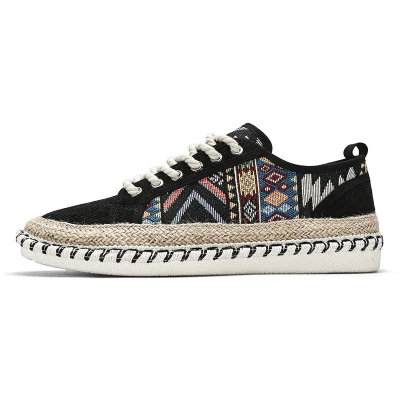 Men's casual summer shoes with cloth upper in black or beige colour, round toe design