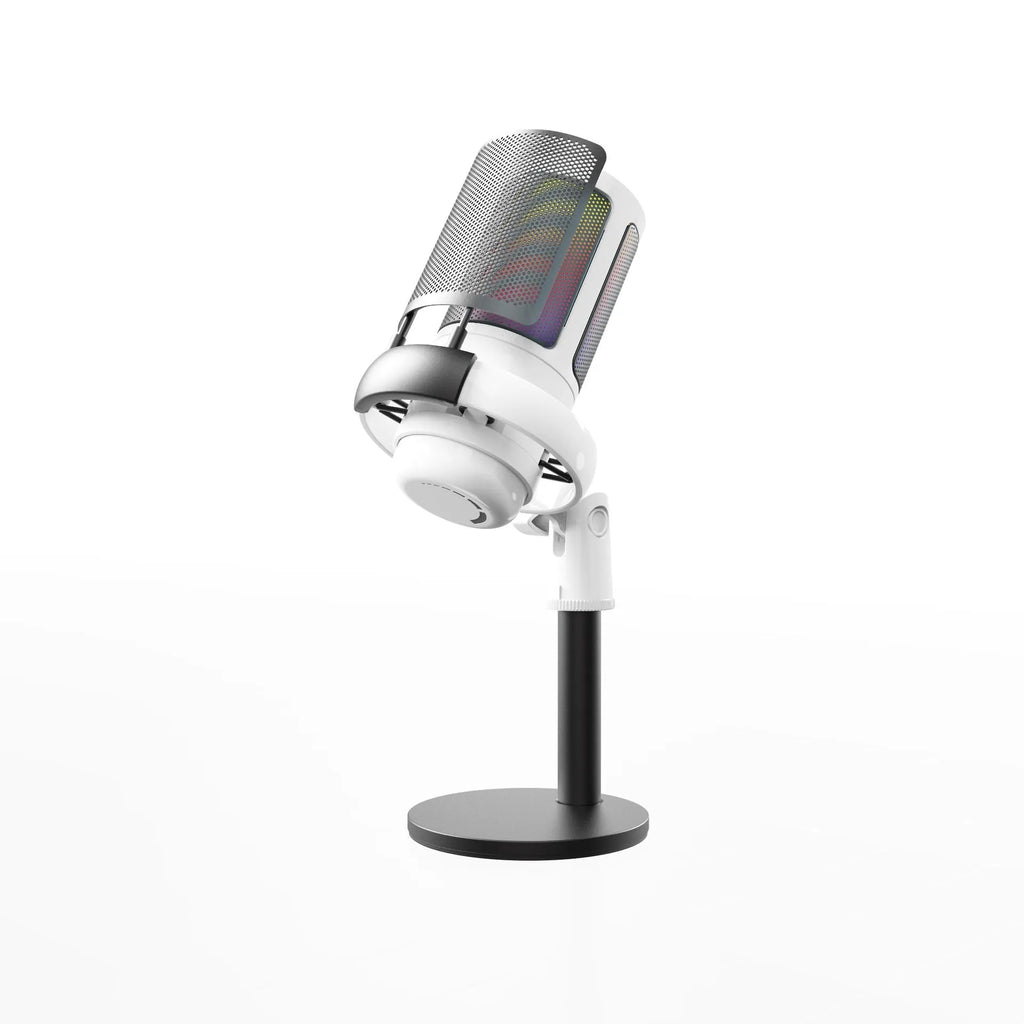 USB condenser microphone with RGB lighting in black, white, or pink colours for computer recording