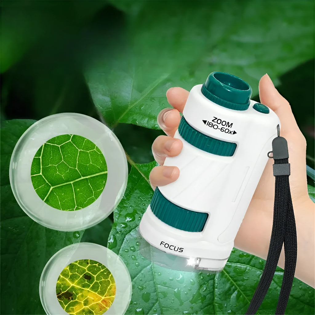 White and green portable microscope set with specimen slides for science education.