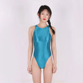 Plus size glossy shiny women's swimsuit in tights style, shown in purple colour.