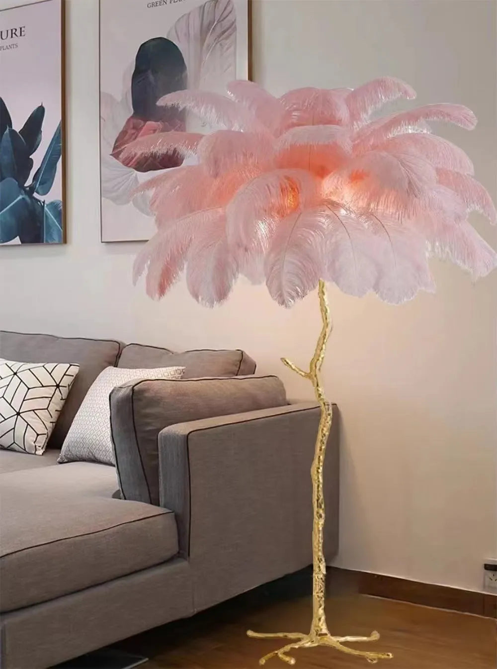 Tall decorative floor lamp with resin feather details in choice of colours, standing 170cm high.