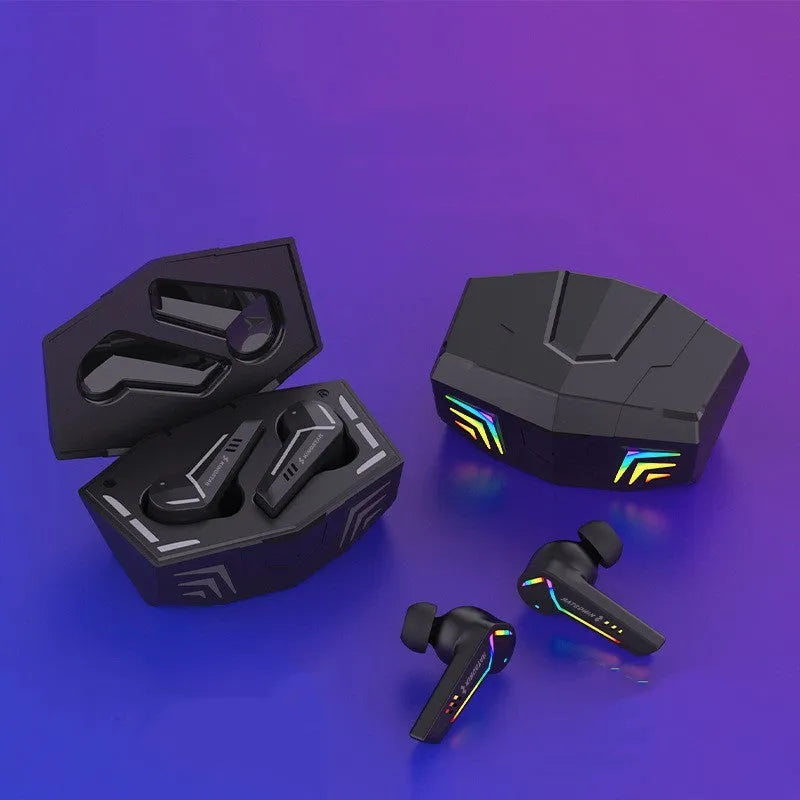 Black wireless TWS Bluetooth earbuds for sports and gaming with 15-metre range.