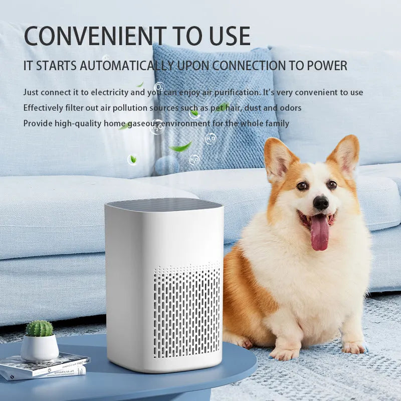 Simple style desktop air purifier unit with USB cable for small room and office use.