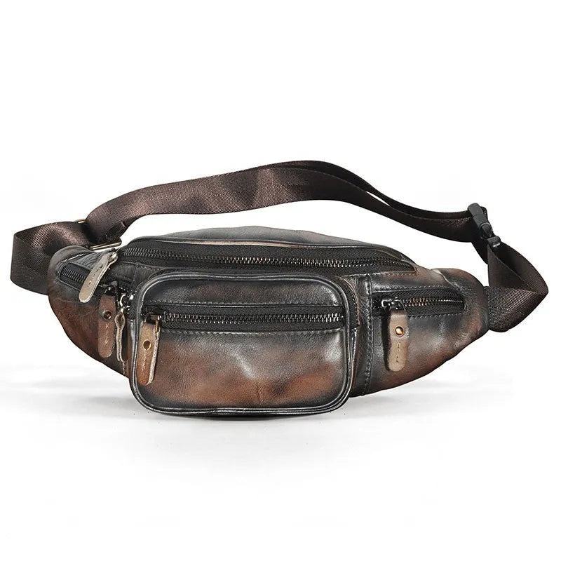 Dark crazy horse coloured cowhide leather retro messenger bag with single shoulder strap.