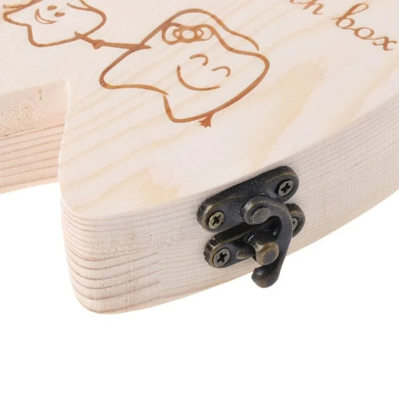 Wooden baby tooth box with carved record table for deciduous teeth storage in natural wood colour