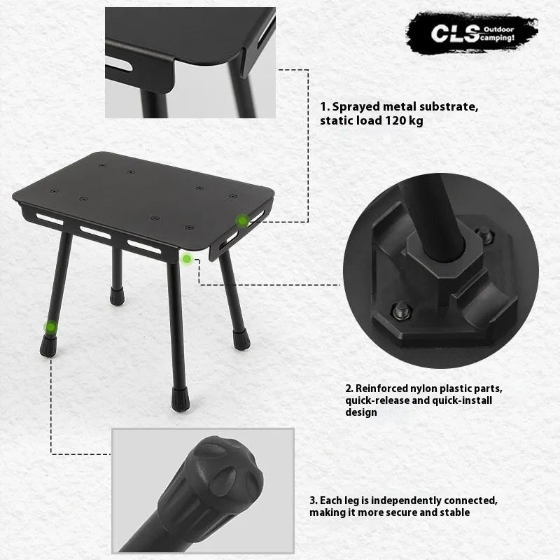 CLS Outdoor aluminium folding camping stool shown in table and stool modes with creamy-white PU cushion and storage bag.