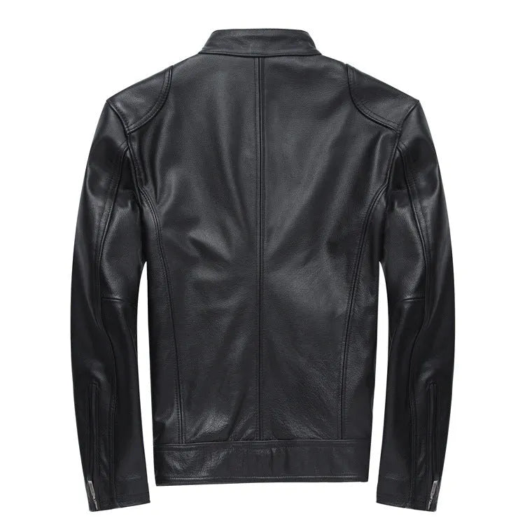 Men's black PU leather casual biker jacket with front zip, available in sizes M to 3XL