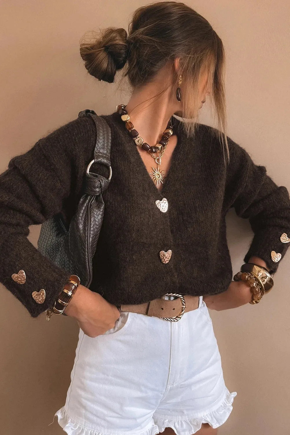 Women's loose cardigan coat with metal buckle in Coffee colour, long sleeves, solid knit fabric