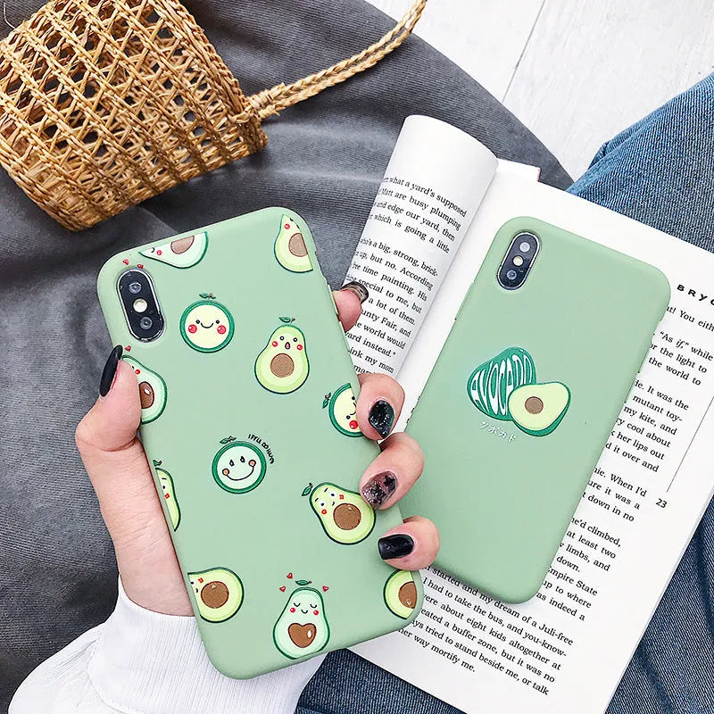 Colourful avocado cartoon design on a flexible TPU phone case for Apple iPhone.