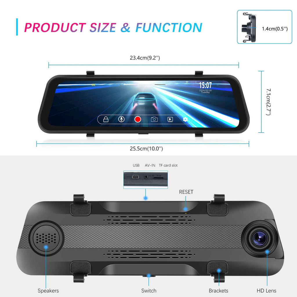 Streaming media rearview mirror with large touch screen mounted in a car, showing dual camera display.