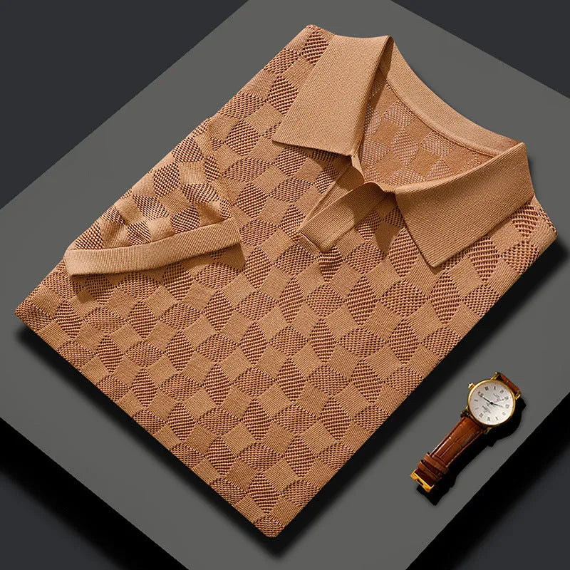 Men's short sleeve mulberry silk sweater with lapels in solid colour for business casual wear