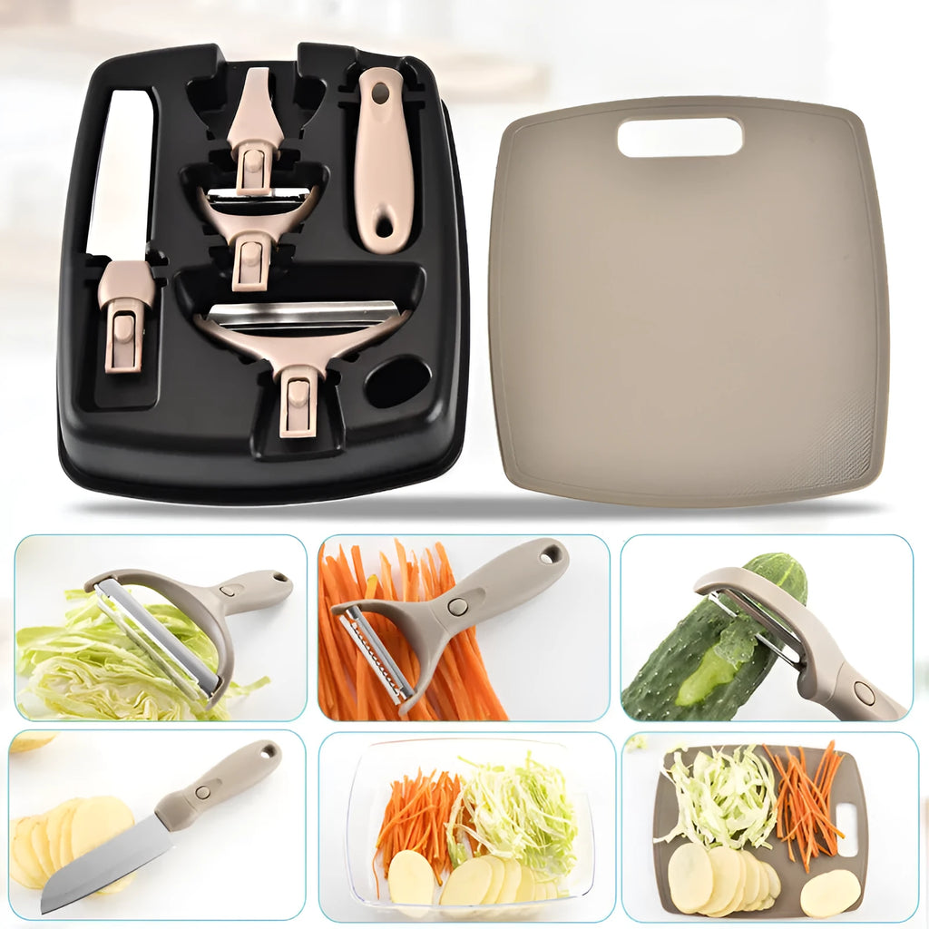 Brown eight-piece kitchen cutter set with peeler, knife and chopping board on wheat straw base