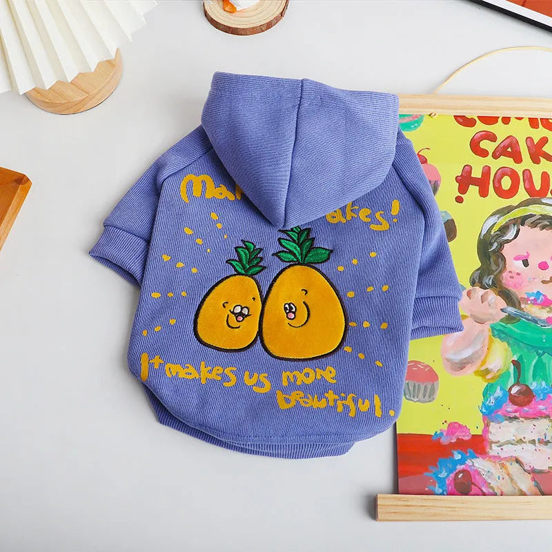 Blue and purple cartoon print cotton plush dog hoodie for winter wear.