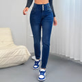 Women's dark blue straight-leg denim trousers with street hipster style and button detail