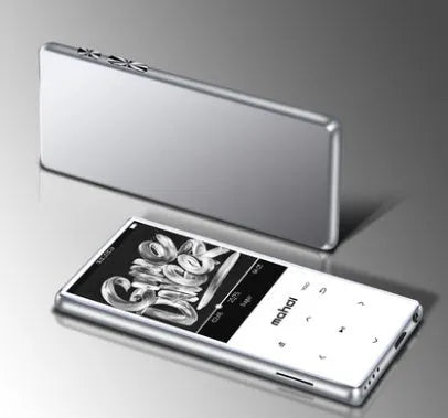 Ultra-thin portable MP3 player with 2.4-inch touchscreen, available in black, silver, blue, or red colours.