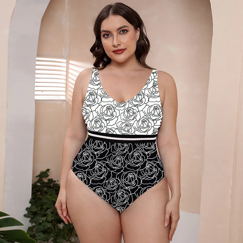 Women's printed spaghetti straps one-piece swimsuit with striped vest design for swimming sports