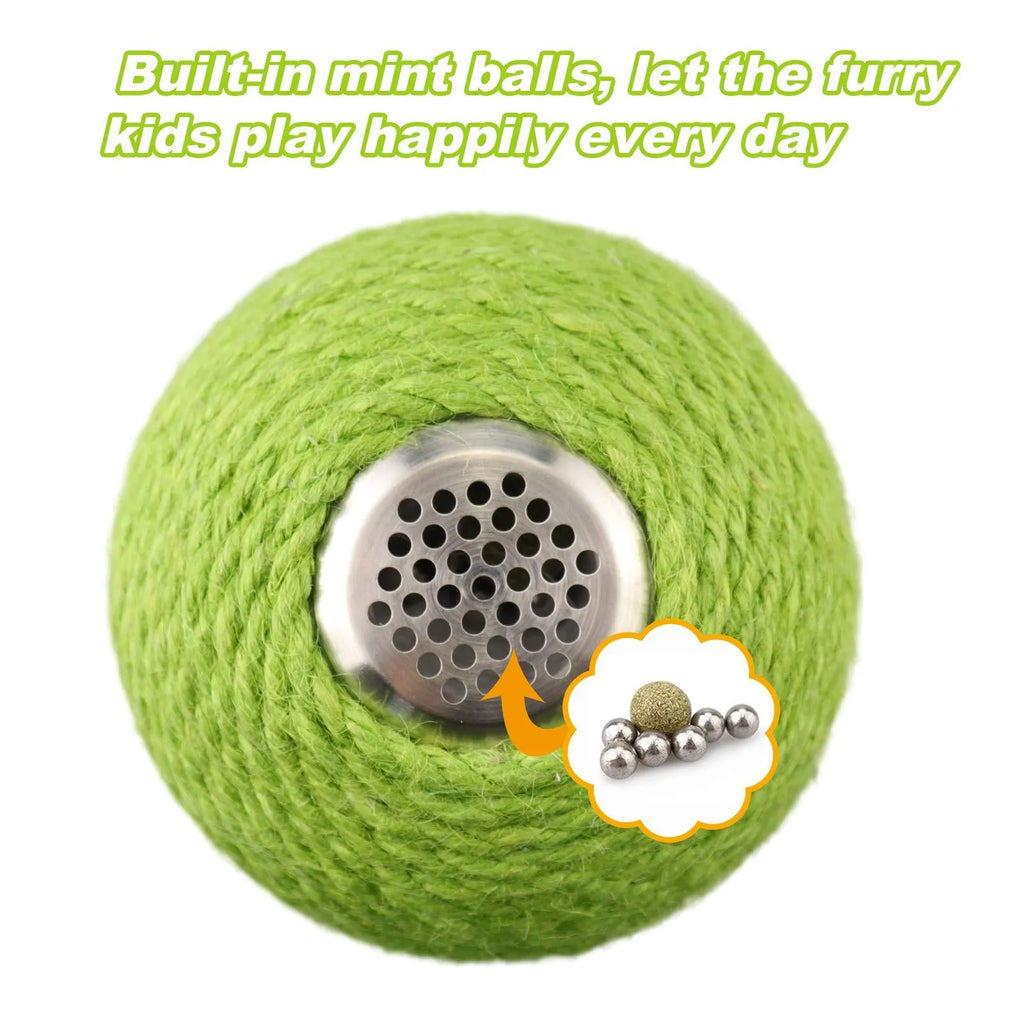 Green interactive cat toy with sisal scratcher and tumbler ball on tree tower base for indoor play