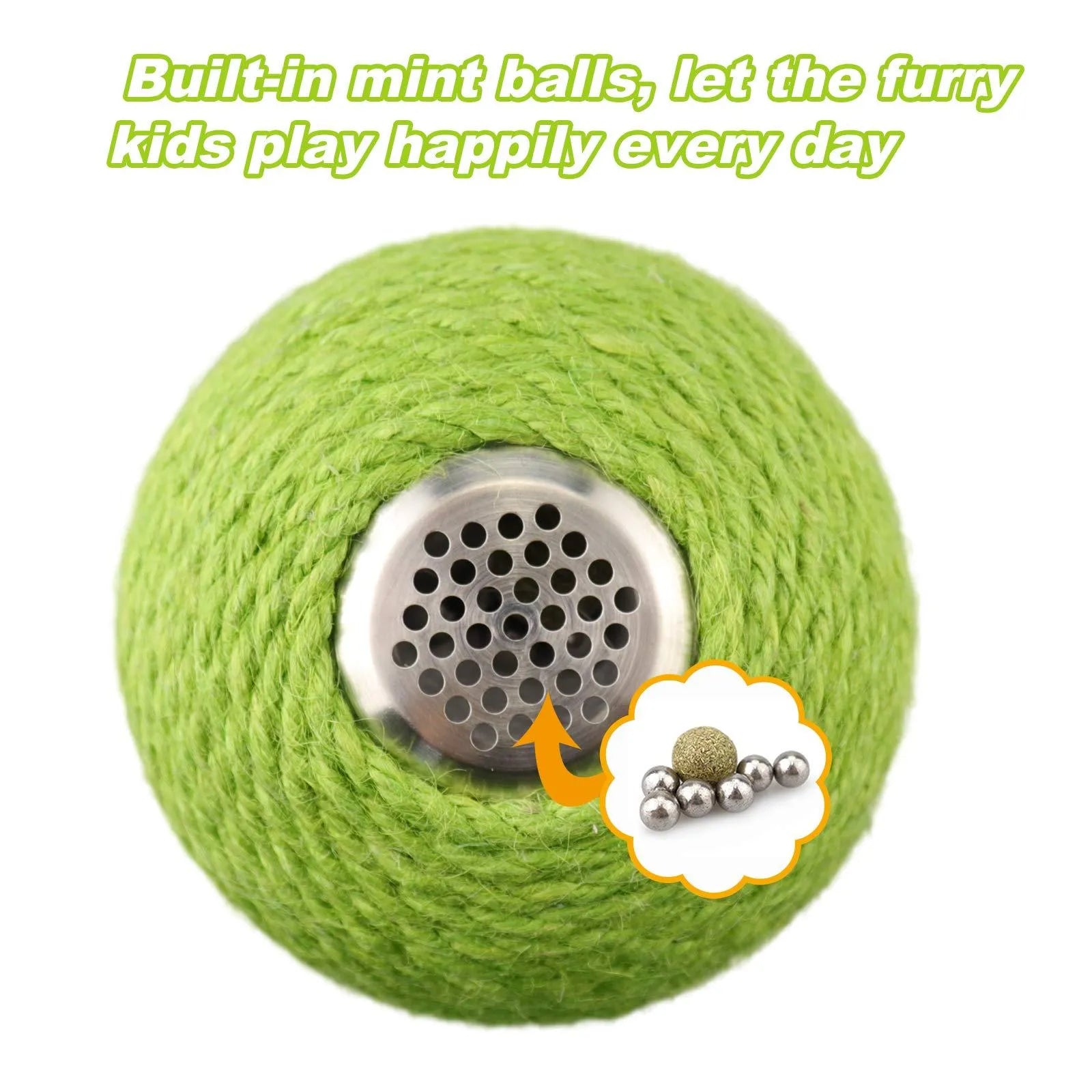 Green interactive cat toy with sisal scratcher and tumbler ball on tree tower base for indoor play