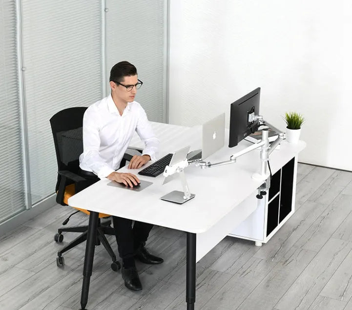 Folding aluminium phone and tablet stand with black silicone pads, shown holding a tablet at an angle.