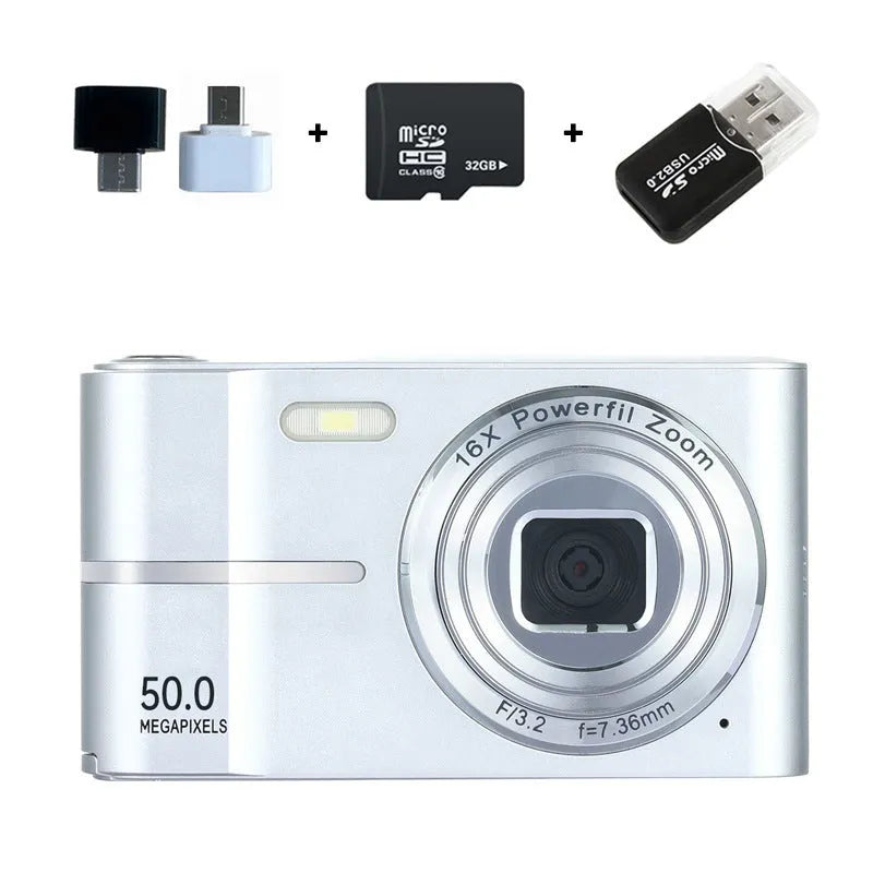 Compact HD 4K digital camera in black, green, pink, or white colours with full manual controls