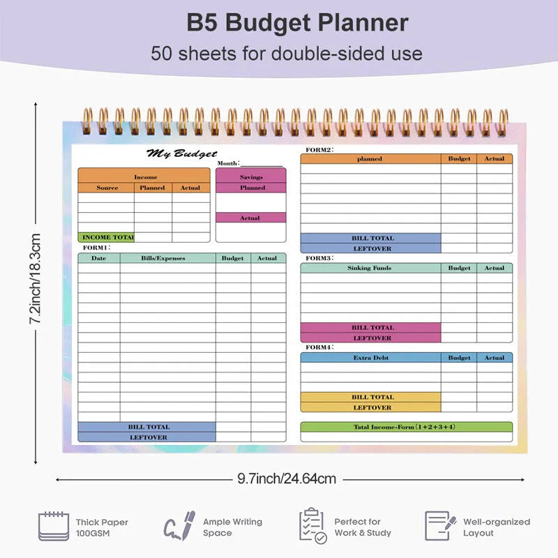 B5 size budget tally book with blue PP plastic cover and spiral binding for income expenditure tracking