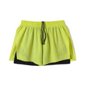 Men's straight-leg nylon sports shorts with side slits in turmeric yellow, night blue, and black.