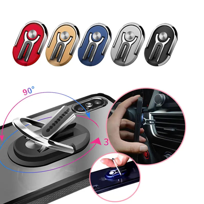 Black universal car phone bracket mounted on a car air vent, showing 360-degree rotation and flexible phone grip.