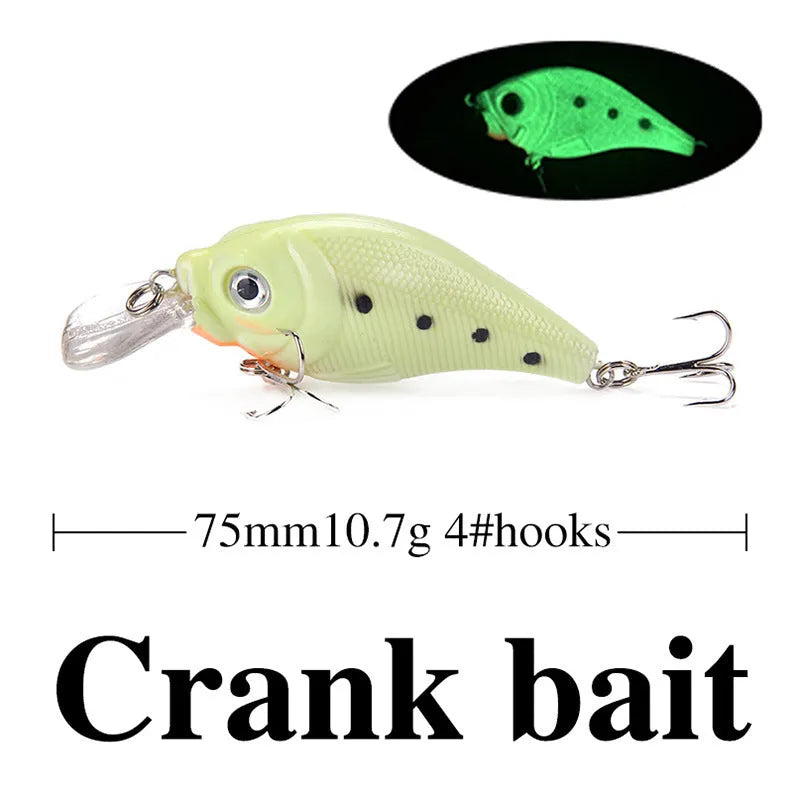 Set of five fluorescent green and orange hard plastic fishing lures with 3D details on a blue background.