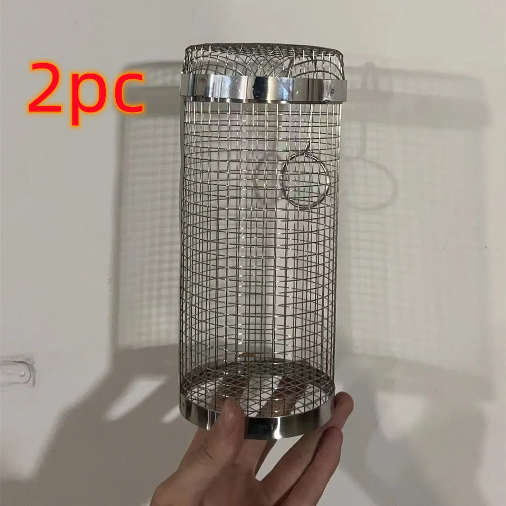 Stainless steel rolling barbecue grill basket with mesh cylinder for cooking vegetables and meatballs