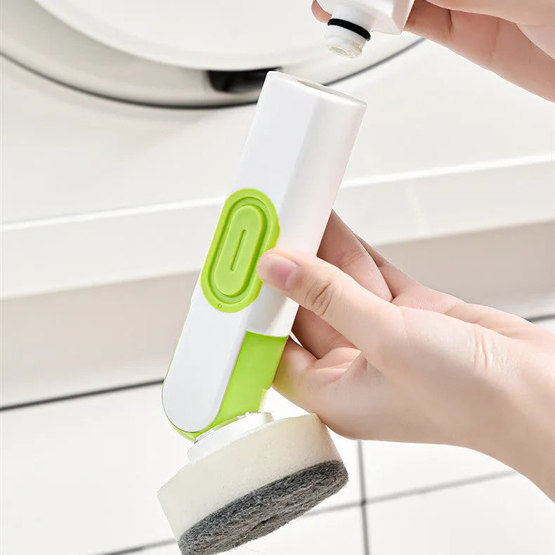 Long-handle kitchen cleaning brush with liquid dispenser and two brush heads in white and green colour
