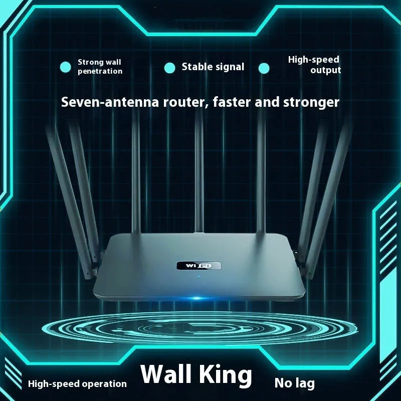 Black and white dual-band 5G gigabit router with multiple antennas on a wooden surface.