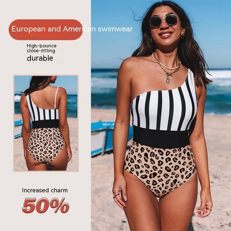 Leopard print one-piece swimsuit for women with an asymmetric collar and high-waist triangle briefs.