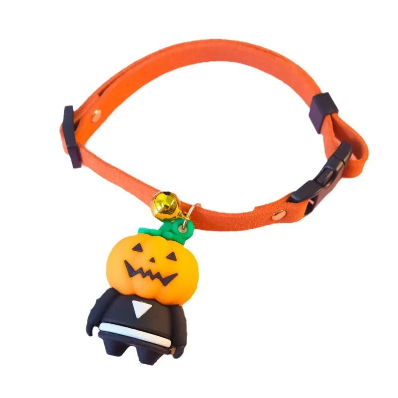 Halloween dog collar with glow-in-the-dark cartoon design in multiple sizes for pet costumes