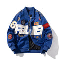 American motorcycle baseball uniform jacket in black with detachable hood and side seam pockets