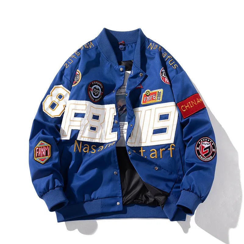 American motorcycle baseball uniform jacket in black with detachable hood and side seam pockets