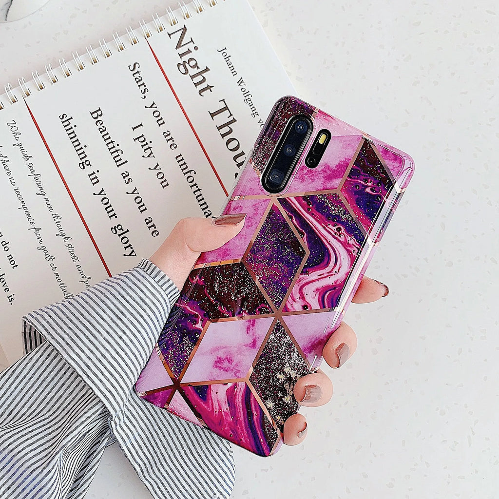 Electroplated marble pattern TPU back cover case for a mobile phone.
