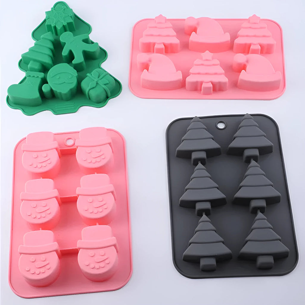 Christmas silicone 6-grid square baking mold with tree, snowflake, snowman, socks, gifts, and hat designs in pink, gray, or green