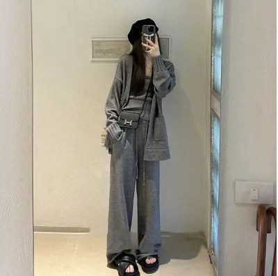 Women's light brown wool blend knit cardigan, vest, and loose pants three-piece casual set.