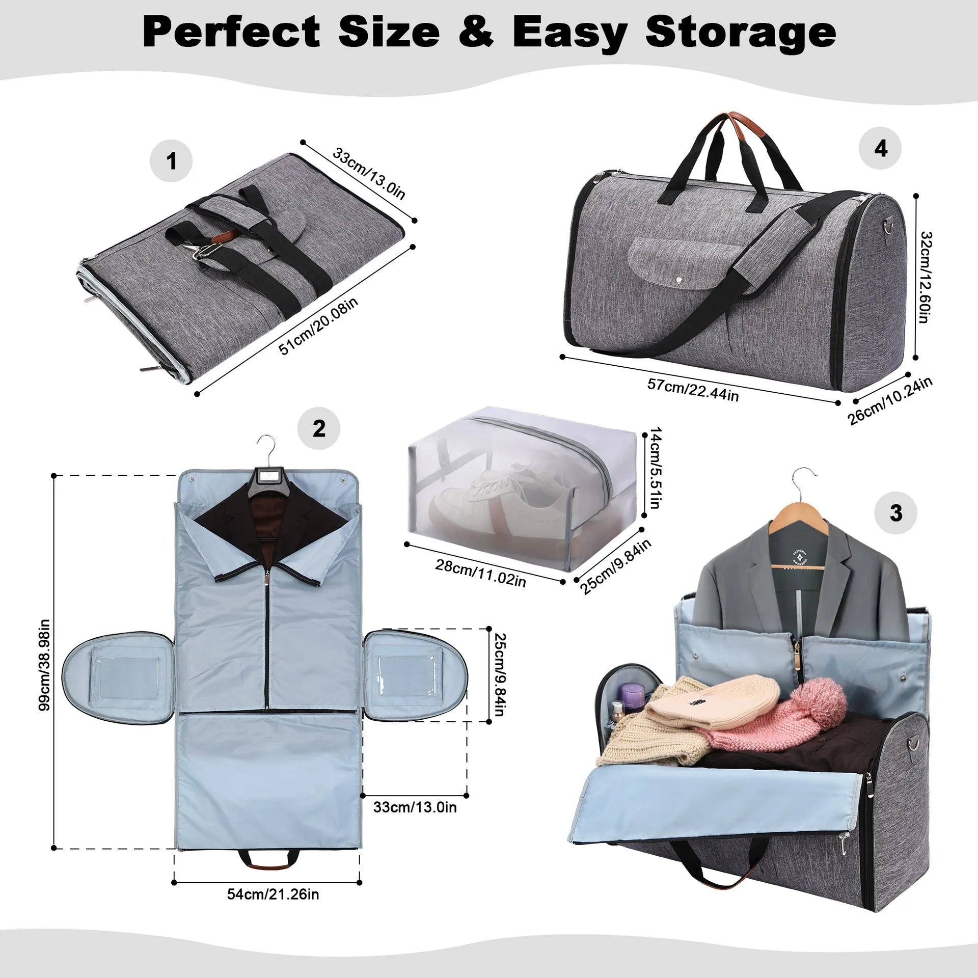Dark blue folding Oxford cloth duffle bag with handles, shown in a travel setting.