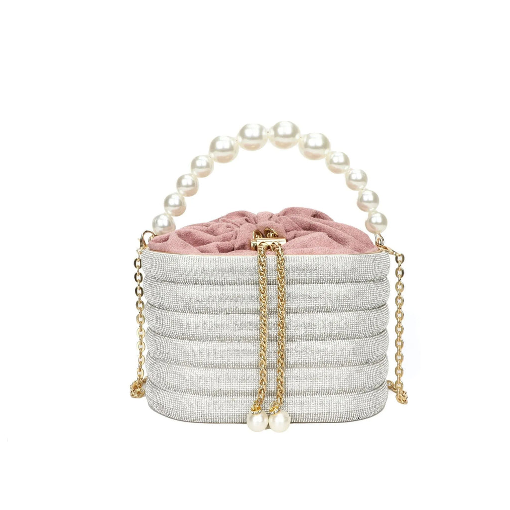 Soft round PU women's crossbody dinner bag with beaded details in retro style.