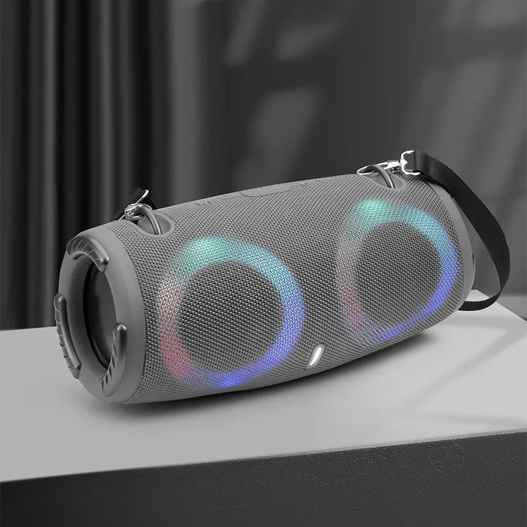Portable Bluetooth speaker with RGB lights in black, blue, camouflage, red, or silver grey.