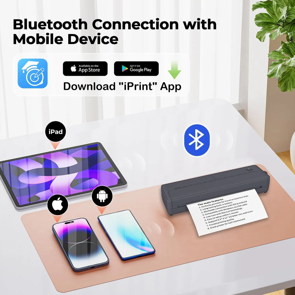 Black and white A4 portable Bluetooth printer with compact 28cm design for wireless mobile printing